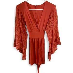 Vintage 70s Lace Sleeve Mini Dress in Dark Orange